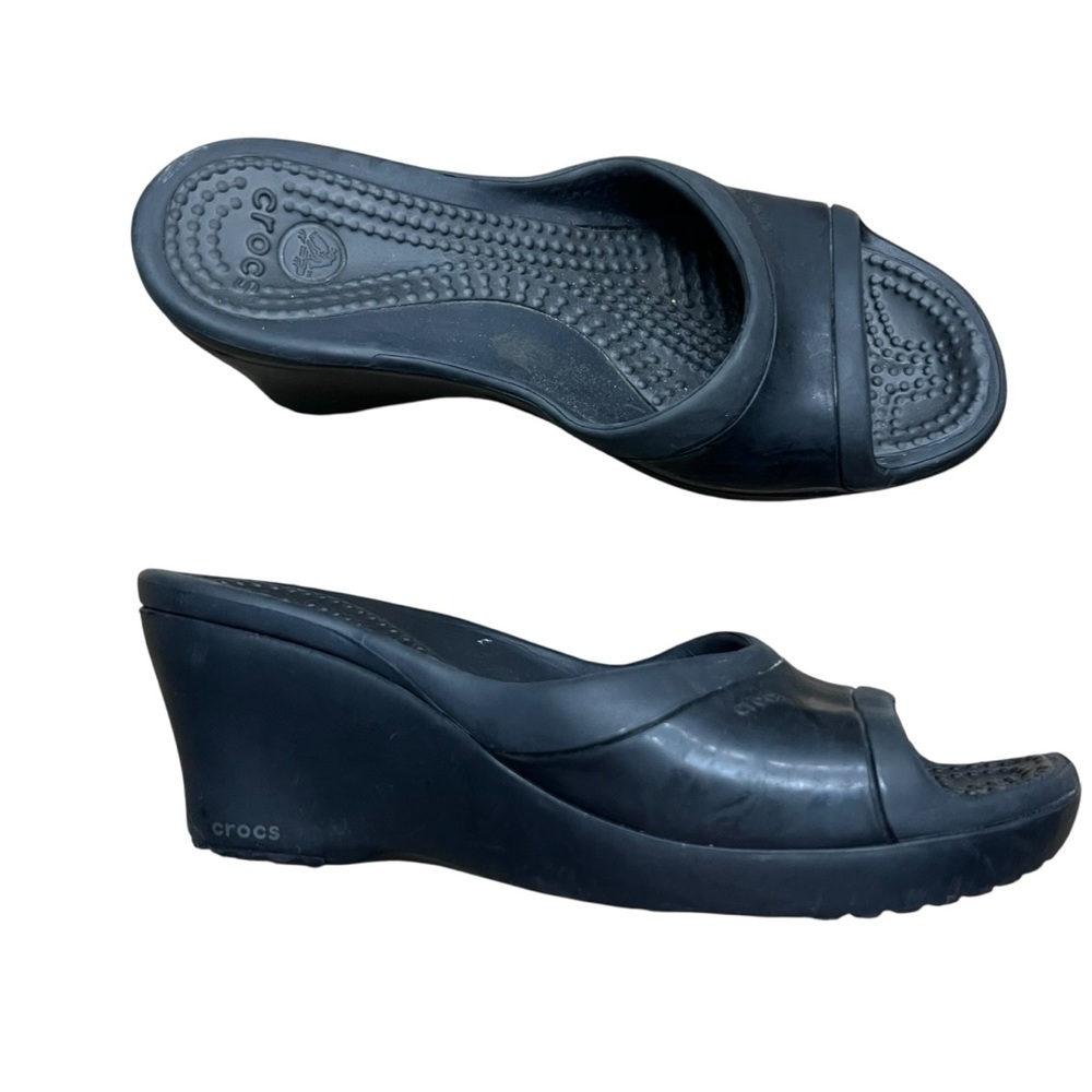 CROCS Women's Classic Black Slide Wedge 3 Inch Sandals Size 8 - Picture 2 of 6